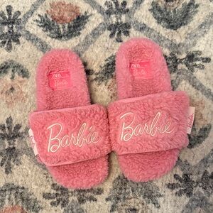 Zara Pink Fuzzy Slippers with Barbie Embroidery